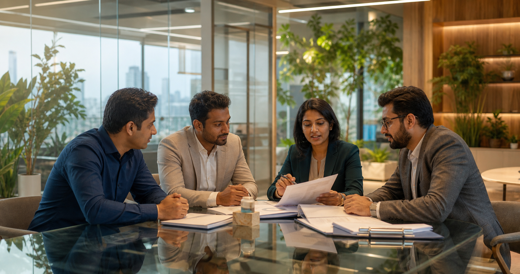 Bangladeshi founders and a business consultant reviewing compliance documents in a contemporary office