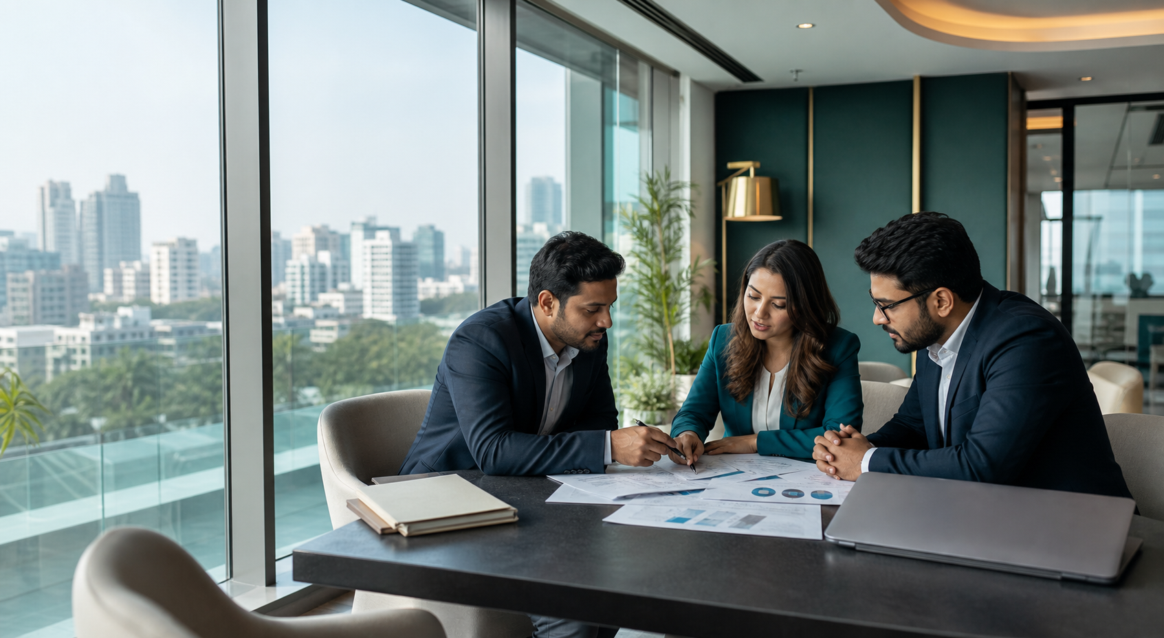 Bangladeshi business professionals reviewing a company plan in a contemporary office