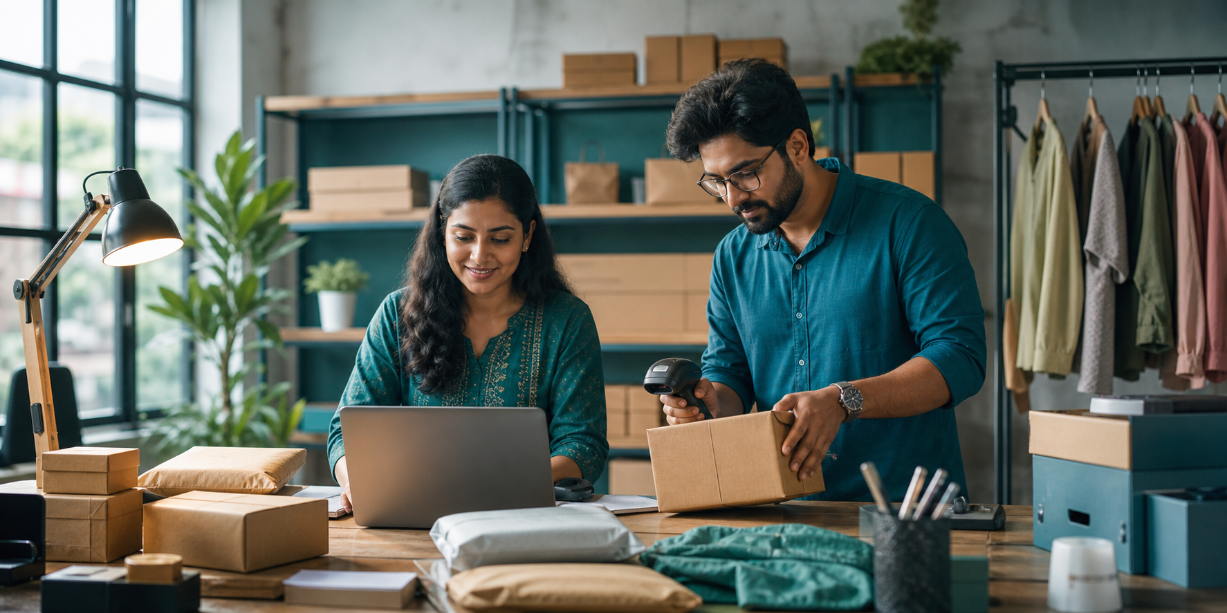 Bangladeshi small-business operators preparing online orders in a modern fulfillment studio
