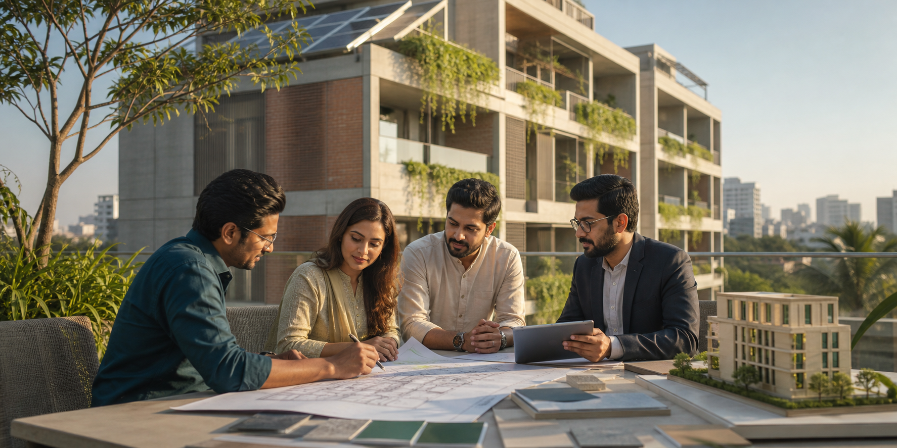 Bangladeshi property advisors reviewing a site plan beside a sustainable apartment development