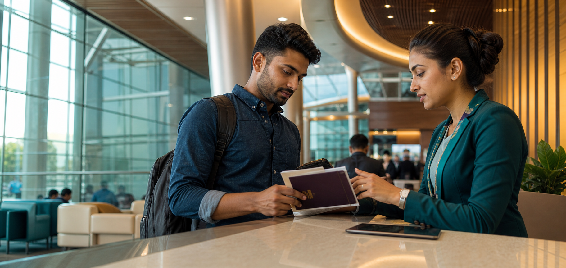 Bangladeshi traveler reviewing passport documents with a travel consultant in a contemporary airport