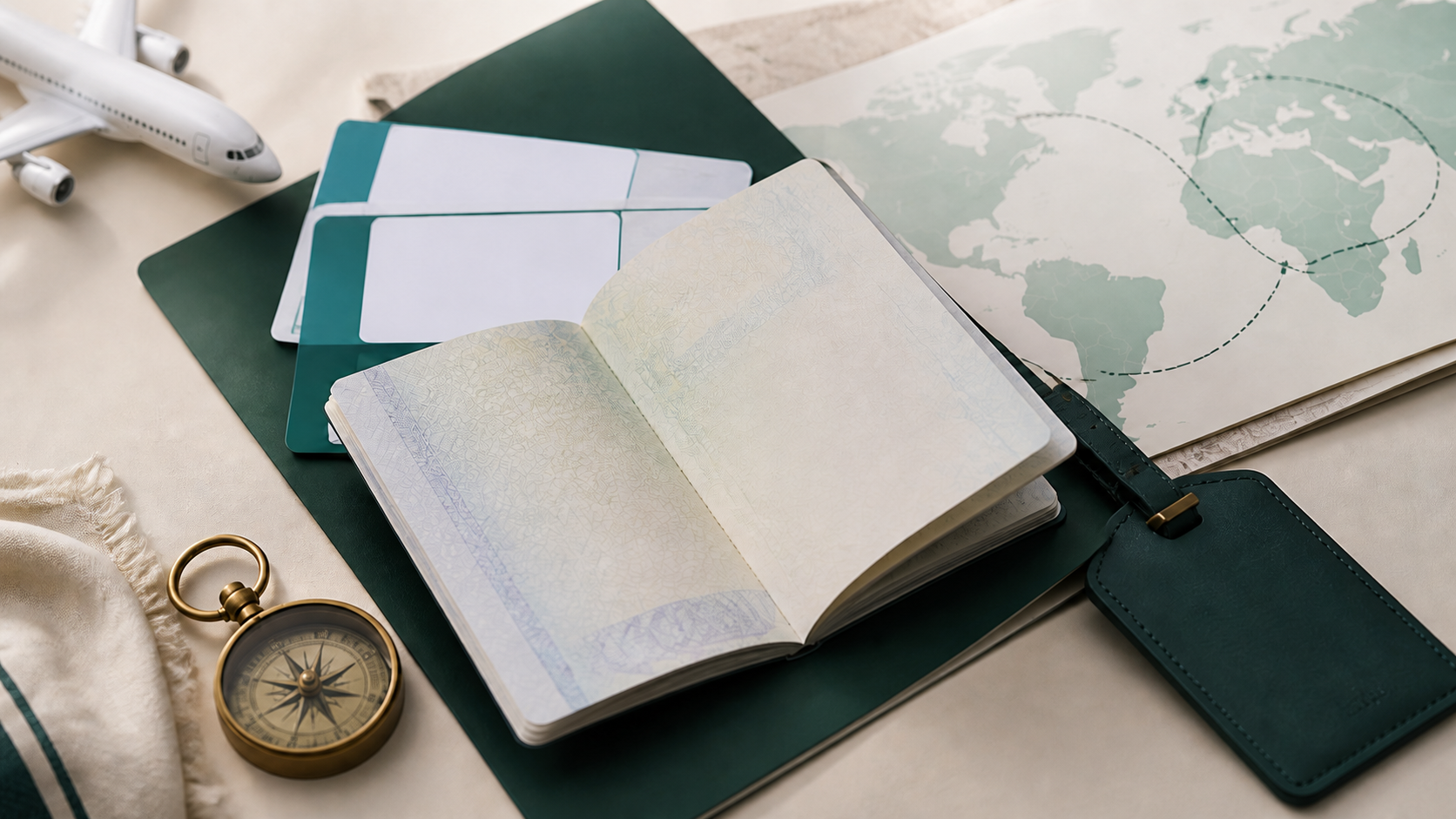 Passport, boarding pass and international travel documents arranged for visa and journey planning